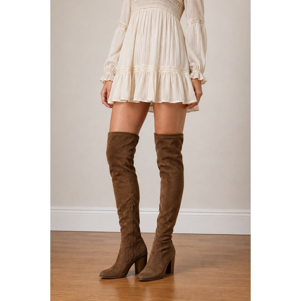 Brown Faux Suede Over Knee Boots Women 6 Y2K Boho Western Festival Block Heel
